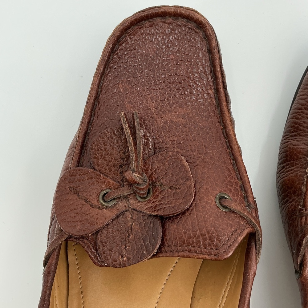 Nine West Ladies Brown Leather Slip-On Kitten Mules with Floral Tassel Accent - Picture 8 of 13